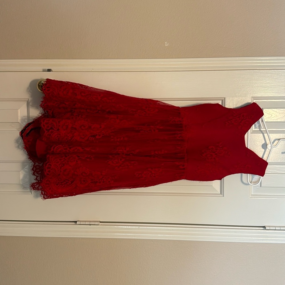 Red Biscotti dress. It is little longer length in back. It has red lace.